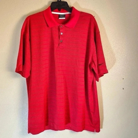Nike Golf Polo Shirt Mens Extra Large Red Striped Short Sleeve Dri Fit Golfer - Picture 1 of 11